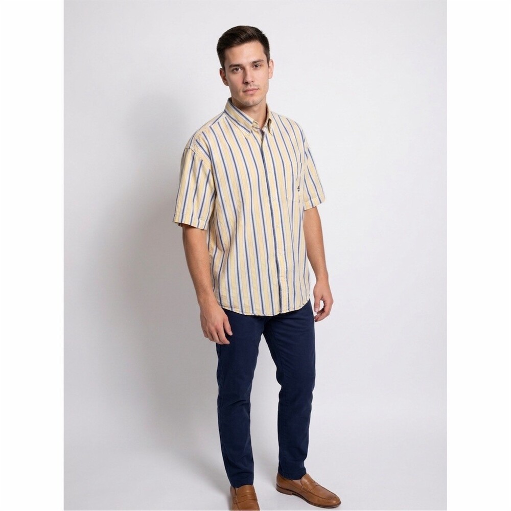 Nautica Button-Up Shirt Mens L Yellow Blue White Striped Short Sleeve